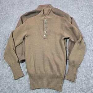 VTG Form-Knit Wool Sweater Mens Small OD Green Henley Mock Military 80s LOT of 2